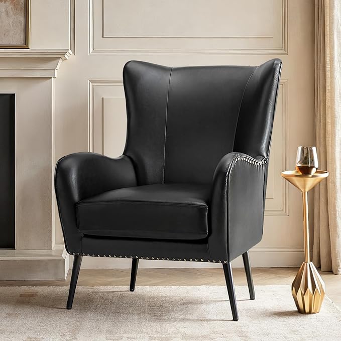Upholstered Faux Leather Accent Chair with Black Metal Legs Comfy Armchair with Removable Cushion &amp Nailhead Trim Wingback Vanity Chair for Reading Living Room Bedroom