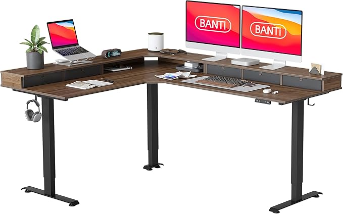 BANTI Triple Motor 75 L-Shape Standing Desk with 5 Drawers Sit Stand Home Office Desk Computer Workstation Corner Standing Desk with Spliced Panels Black Walnut Top