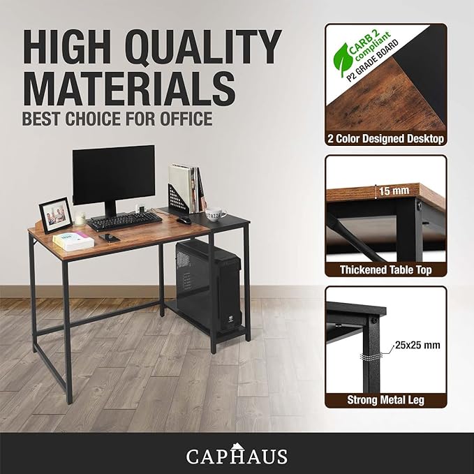 CAPHAUS 47 Inch Computer Desk with 2-Tier Storage Shelves for Home Office &amp Gaming Small Spaces Desk for Bedroom/Office/Dorm Easy Assemble P2 Board &amp Steel Legs Rustic Oak &amp Black (220