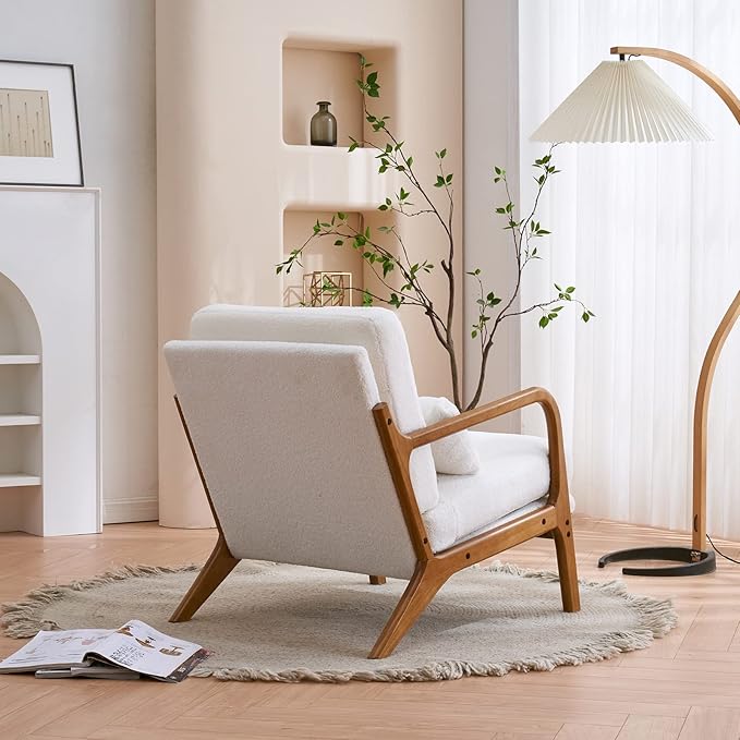 Accent Chair Upholstered Mid-Century Modern Chair with Lumbar Pillow&ampSoft CushionLounge Reading Armchair with Solid Wood Framefor Living Room Bedroom Balcony White