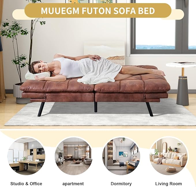 MUUEGM Futon Sofa Bed 71 Convertible Adjustable Backrest Armrests Memory Foam Couch Bed Modern Faux Leather Futon Sleeper Couch Loveseat for Living RoomOfficeApartmentSmall SpaceDark Brown