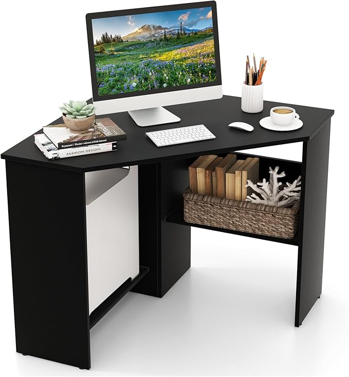 GOFLAME Corner Desk with Storage Shelves Triangular Computer Desk with Cable Management Holes Laptop Workstation for Small Space Makeup Vanity Desk for Living Room Study Black