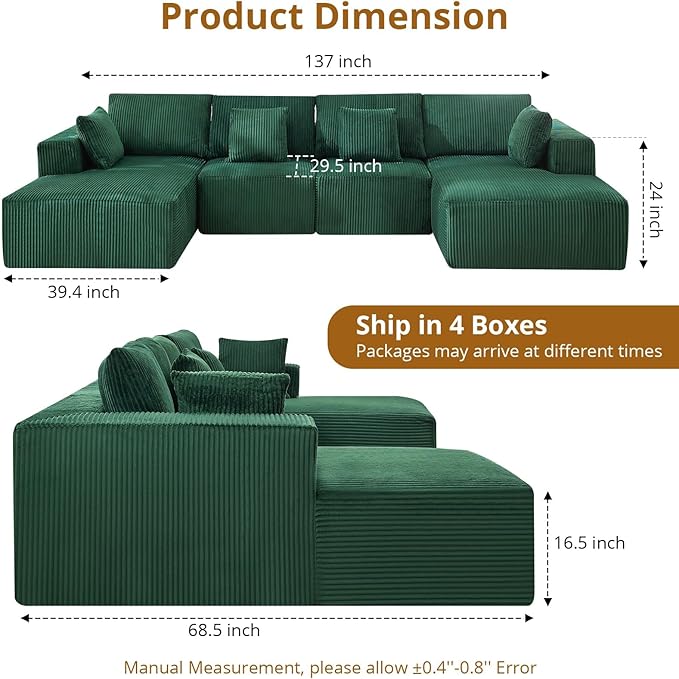 Cloud Boneless Couch 137 Modern Sectional U-Shaped Comfy No Assembly Required Convertible Compression Sleeper Modular Sofa with Corduroy Fabric Deep Seat Single + Chaise for Living Room