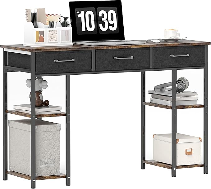 HOMCOM 47 Computer Desk with 3 Fabric Drawers Home Office Desk with Adjustable Shelves Small Writing Desk with Storage Rustic Brown