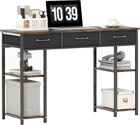 HOMCOM 47 Computer Desk with 3 Fabric Drawers Home Office Desk with Adjustable Shelves Small Writing Desk with Storage Rustic Brown