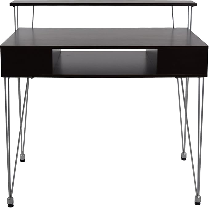 Proman Products Marcus Jr. Modern Home Office Desk with Storage – Functional Computer Writing Desk with Dual Side Compartments Large Hidden Storage Raised Display Shelf