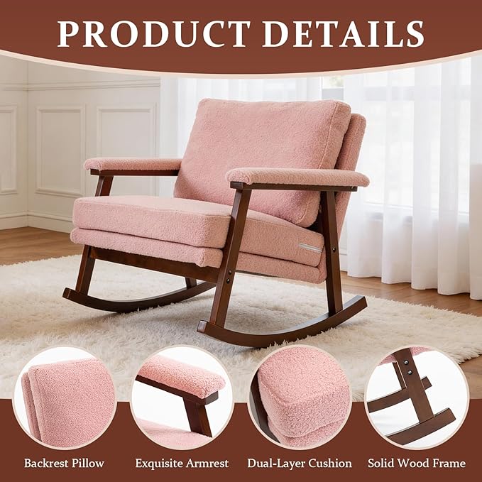Rocking Chair for Nursery Living Room &amp Bedroom Upholstered Accent Chair with Solid Rubberwood Frame Cozy Reading Chair for Small Spaces Pink