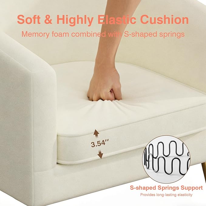 Velvet Accent Chair Modern Barrel Armchair with Gold Legs Upholstered Club Chairs for Living Room/Bedroom/Guest Reception White