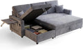 L-Shape Sleeper Sofa with Storage &amp Ports Pull-Out Couch Bed with Cup Holders Side Pockets &amp Side Table for Living Room Apartment Grey