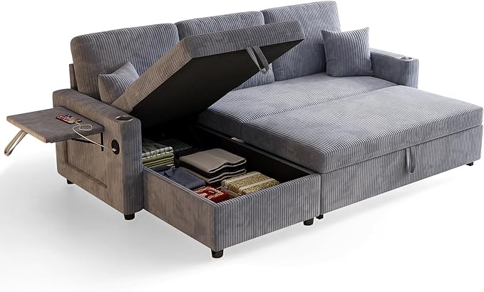 L-Shape Sleeper Sofa with Storage &amp Ports Pull-Out Couch Bed with Cup Holders Side Pockets &amp Side Table for Living Room Apartment Grey