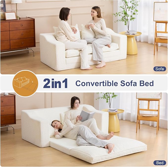 Loveseat Oversized Folding Sofa Bed Convertible Sleeper Chair Bed with Pillows &amp Wide Armrest Comfortable Floor Couch for Living Room &amp Bedroom(White) | Foldable