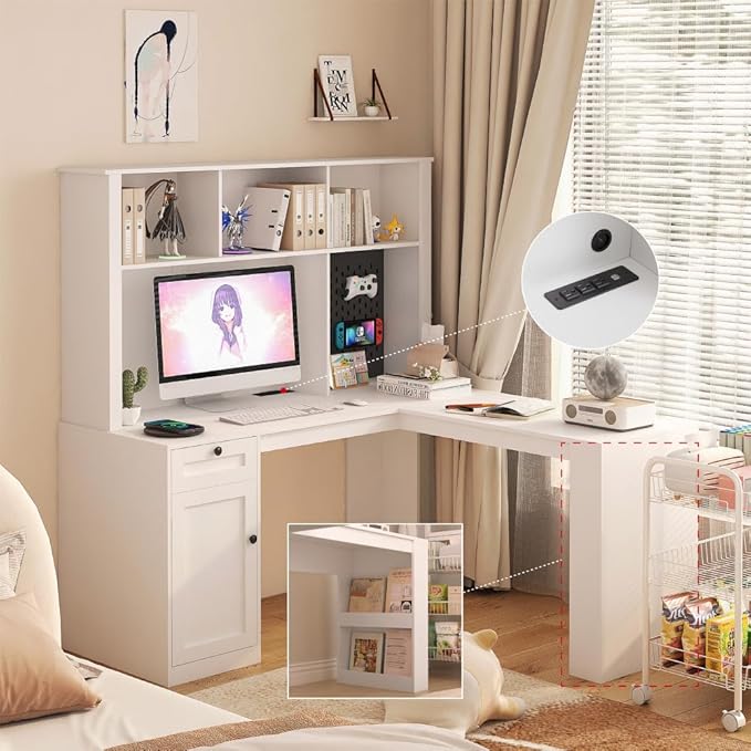 L Shaped Desk with Outlet Computer Workstation with Drawers Modern Corner Table Home Office Workspace with Bookshelf and Hutch White 59.44