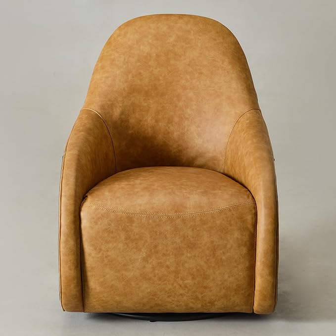 Two-Tone Leather Swivel Barrel Chair Accent Chair with Solid Wood Frame No Assembly for Living Room or Office (Camel)
