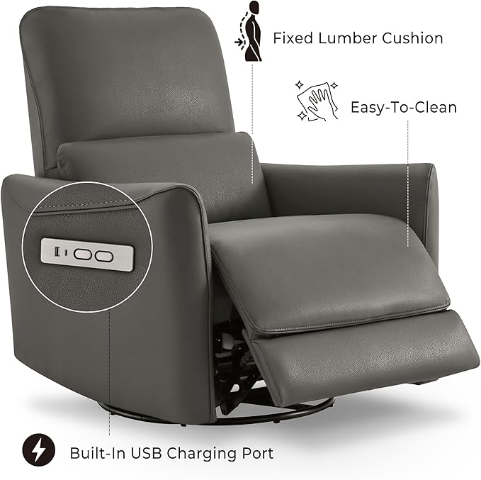 CHITA Power Recliner Chair Swivel Glider FSC Certified Upholstered Faux Leather Living Room Nursery Reclining Sofa Chair with Lumbar Support Charcoal