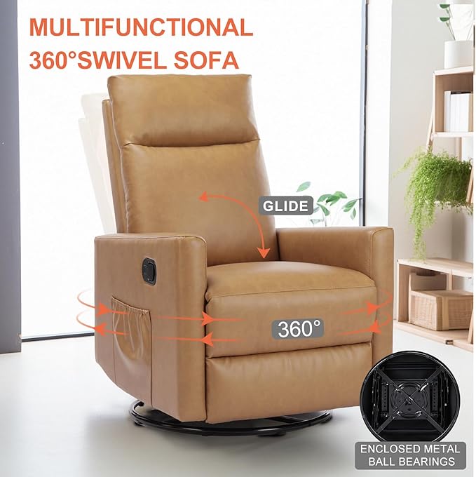 Sweetcrispy Recliner Chair 360 Swivel Rocker Chair for Adults Glider Rocker Recliners Nursery Chairs for Living Room High Back Upholstered Deep Seat Classical Brown