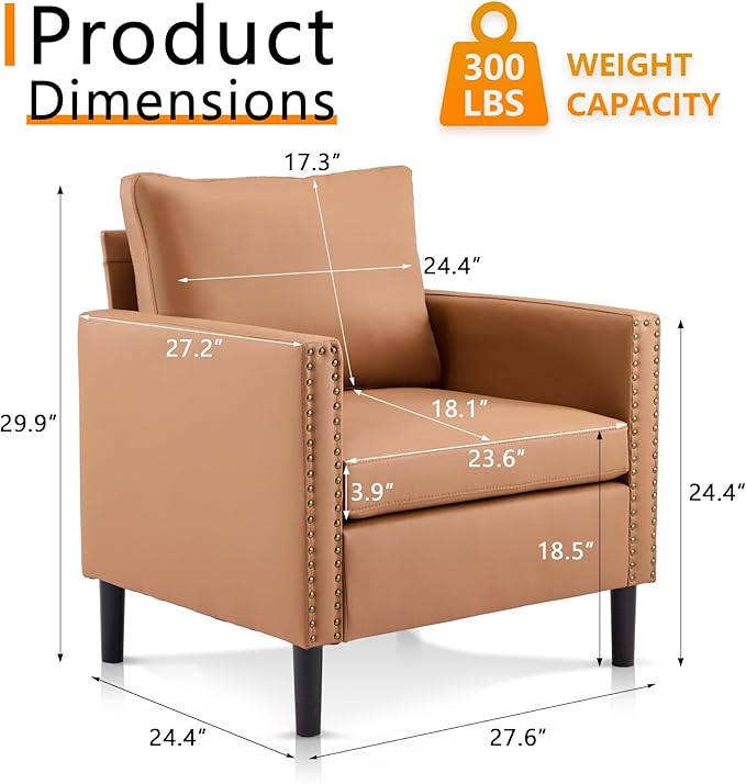MOJAY Modern Accent Chairs Set of 2 Mid-Century Living Room Chair for Bedroom PU Leather Upholstered Comfy Armchair for Apartment Waiting Room (Brown)