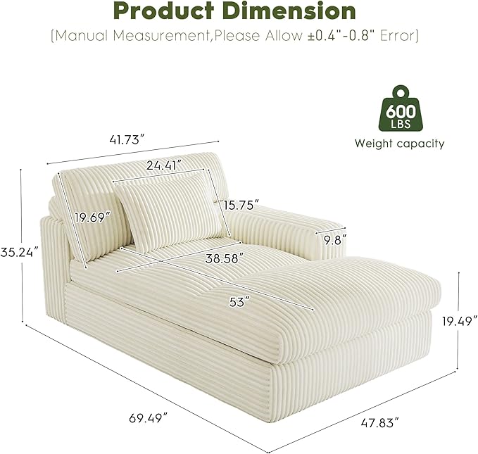Oversized Chaise Lounge Sofa Chair IndoorSoft Corduroy Fabric Boneless sofawith CushionA Comfortable deep-Seated Cloud Sofa for use in The Living Room.(Singler-Right-arm-White)