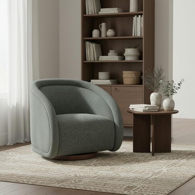 Scott Living Sabbo Green Bouclé Swivel Chair with Walnut-Finished Solid Wood Base Comfy Swivel Accent Chair Upholstered Lounge Sofa Chair for Living Room/Bedroom Gray Green + Walnut