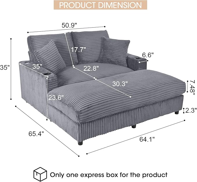 64 Chaise Lounge Indoor Oversized Chaise Lounge Chair with 2 PillowsUSB Charger Cup Holder Corduroy Sofa Bed Lazy Sleeper Couch Reading Chair for Apartment Grey