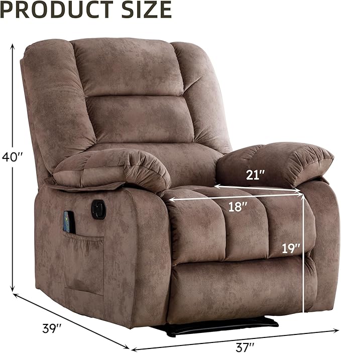 EBELLO Massage Recliner Chair with Vibration Massage and Heat Soft Fabric Overstuffed Manual Reclining Sofa Chair for Living Room with Side Pocket Light Brown