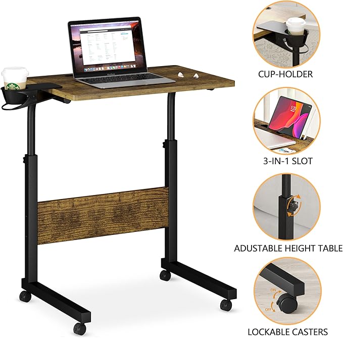 Klvied Standing Desk Adjustable Height Stand Up Desk with Cup Holder Portable and Easy to Move Bedside Table Ideal for Home or Office Walnut