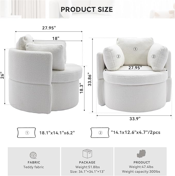 FOXHUNTER Swivel Barrel Chair 360 Degree Swivel Round Storage Chair with 3 Pillows Oversize Teddy Swivel Accent Chair Comfy Single Sofa Chair for Nursery Living Room Bedroom (Ivory)
