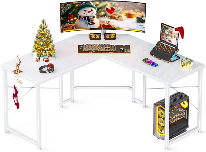 Casaottima L Shaped Gaming Desk Corner Desk Gaming Table for Home Office Computer Desk Sturdy Writing Workstation for Small Space Easy to Assemble 51 inch Carbon Fiber Surface White
