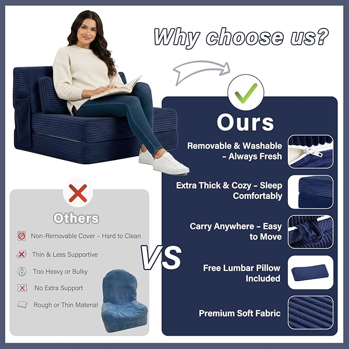 Tiita Folding Sofa Bed with Pillow Memory Foam Fold Out Chair Bed Single Size Convertible Chair Floor Couch &amp Sleeping Mattress Foldable Sleeper Sofa Bed for Guest Room Living Room Navy