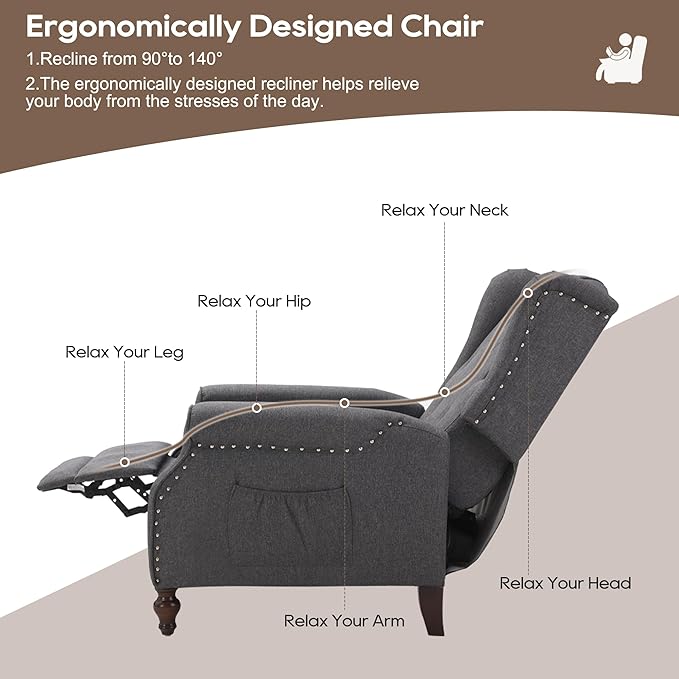 Wingback Recliner Chair with Massage and Heat Wingback Recliner Tufted Fabric Push Back Recliner Chair for Living Room Vintage Wingback Chair with Remote Control Padded Cushion Wooden Legs