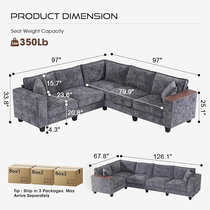 97 5 Seater L Shaped Couch Corner Sofa Oversized Cloud Couch with 2 Pillows Modular Sectional Sofa Armrests with Two Hidden Storage Space Sectional Couches for Living Room Gray Textured