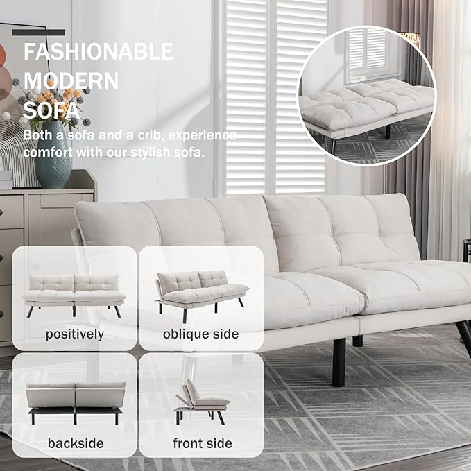 Convertible Futon Double Sofa Bed2 in 1 with Adjustable Backrest Memory Foam Loveseat for Living Room Bedroom Office Apartment Compact Sofa(Beige)