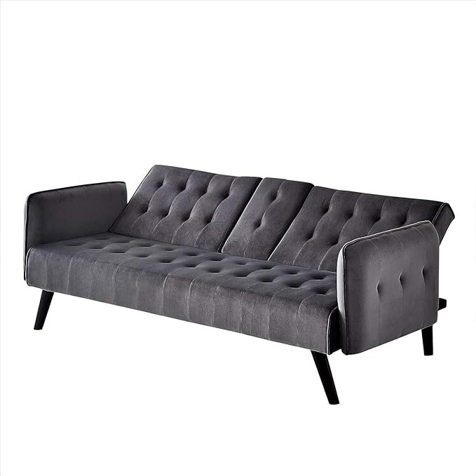 Container Furniture Direct 72 Velvet Convertible Sofa Bed with Cup Holders Tufted Folding Futon Sleeper Couch Mid-Century Modern 3 Seater for Small Spaces 72 L x 34.6 D x 31 H Grey