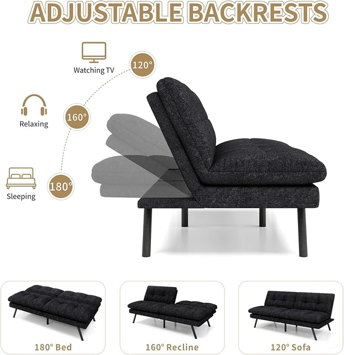 MUUEGM Convertible Futon Sofa Bed68 Memory Foam Futon CouchLinen Modern Loveseat Sleeper Couch with Adjustable Backrest &amp ArmrestDetachable Cushion for Living RoomOfficeApartmentBlack
