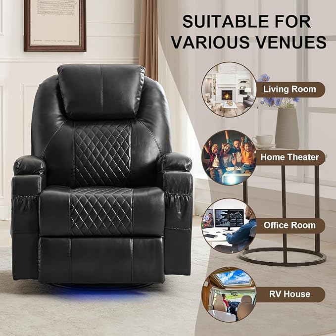 Power Swivel Rocker Recliner Chair for Adults with Heat and Massage LED Lights USB-A and USB-C Ports Electric Glider Recliner Nursery Chair for Living Room (Black Set of 2)
