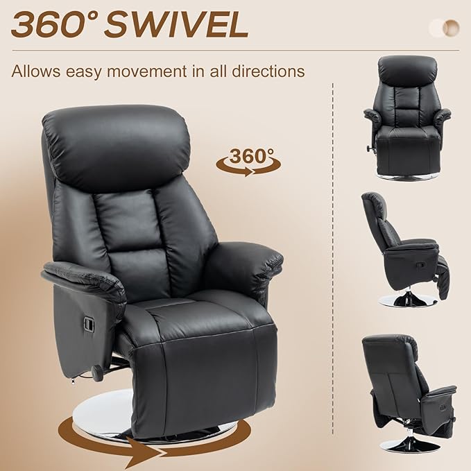 HOMCOM Swivel Recliner Chair PU Leather Reclining Chair with Retractable Footrest Padded Arms for Living Room -Black