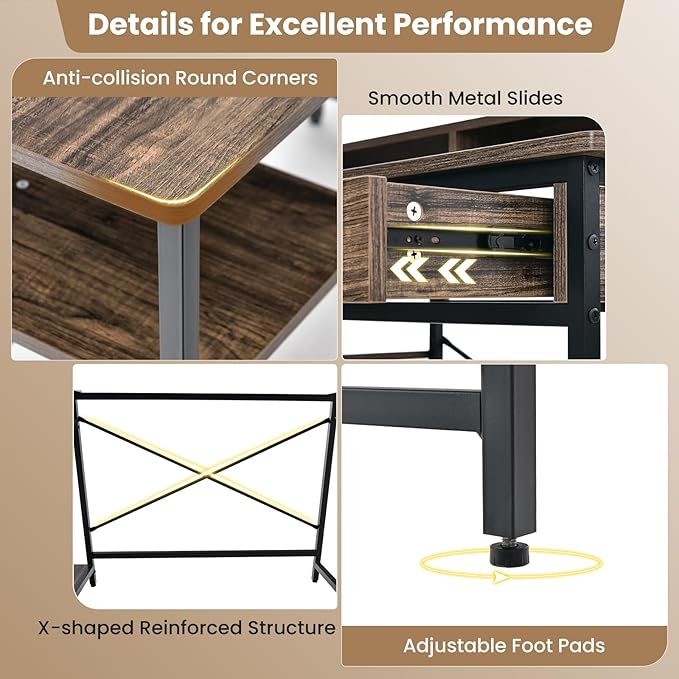 Giantex Computer Desk with Monitor Shelf 48 Home Office Writing Desk with Drawer Storage Shelves CPU Stand Study Desk Table Workstation for Bedrooms Rustic Brown