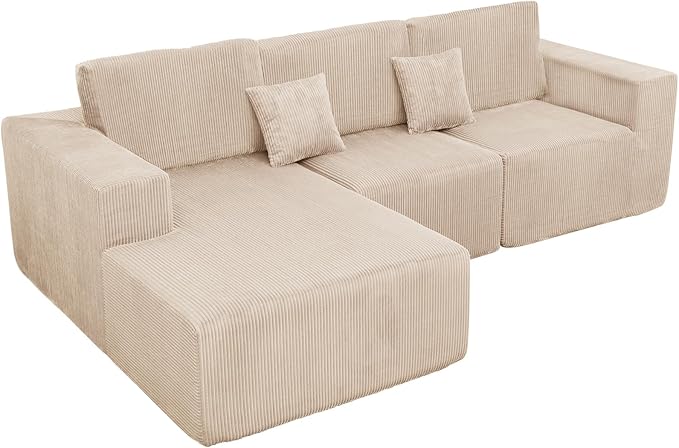 Boneless Couches for Living Room L-Shape Chaise Cloud Couch Modular Sectional 3 Pieces Deep Seat 111 Compressed Couches for Living Room Bedroom with Plush Corduroy Fabric No Assembly Required Khaki