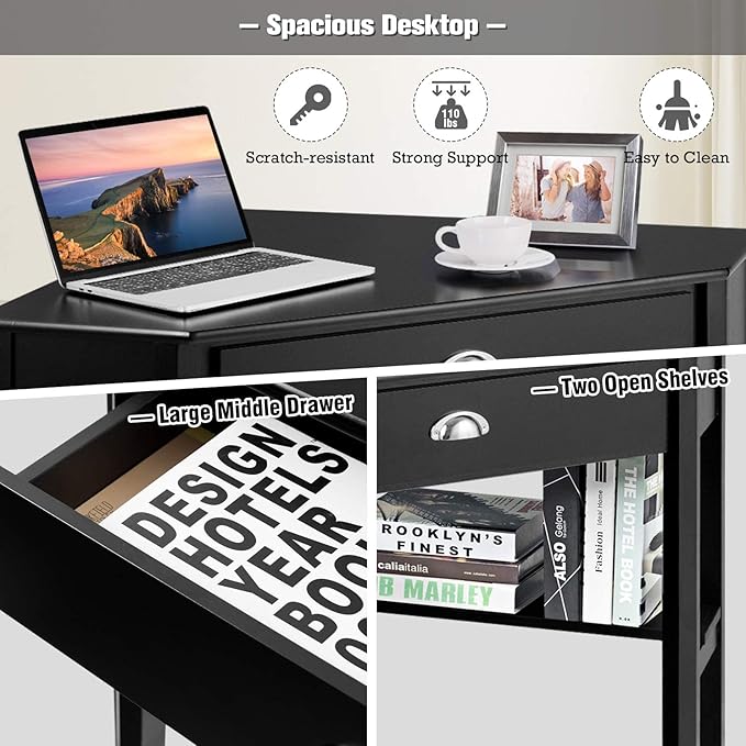LDAILY Small Corner Desk Triangle Makeup Vanity Desk for Small Space Compact Writing Desk with Storage Shelves &amp Drawer Space Saving Corner Computer Desk for Bedroom Home Office