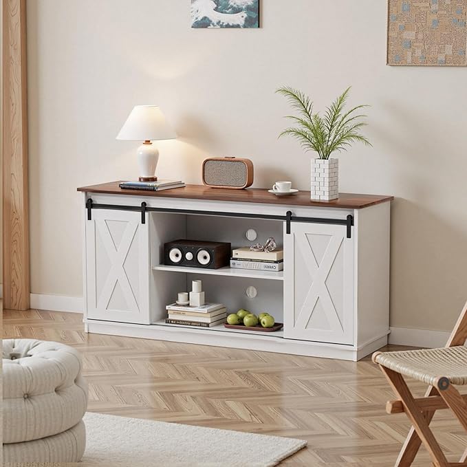Sweetcrispy Farmhouse TV Stand 65 Inch for Living Room Bedroom White Tall Entertainment Center with Storage Shelves Media Console Cabinet with Wood Board 300 LBS Capacity and Sliding Barn Door