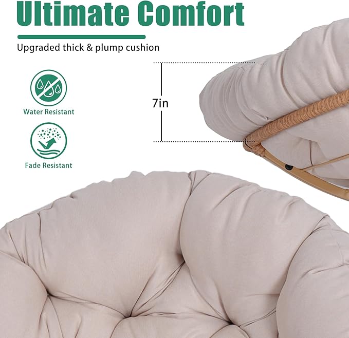 43 Ergonomic 360° Swivel Papasan Chair Wicker Round Chair with Thick Cushion Lounge Chair for Living Room Bedroom Reading Nook Indoor Outdoor Use Light Gray Cloud &amp Yellow Frame