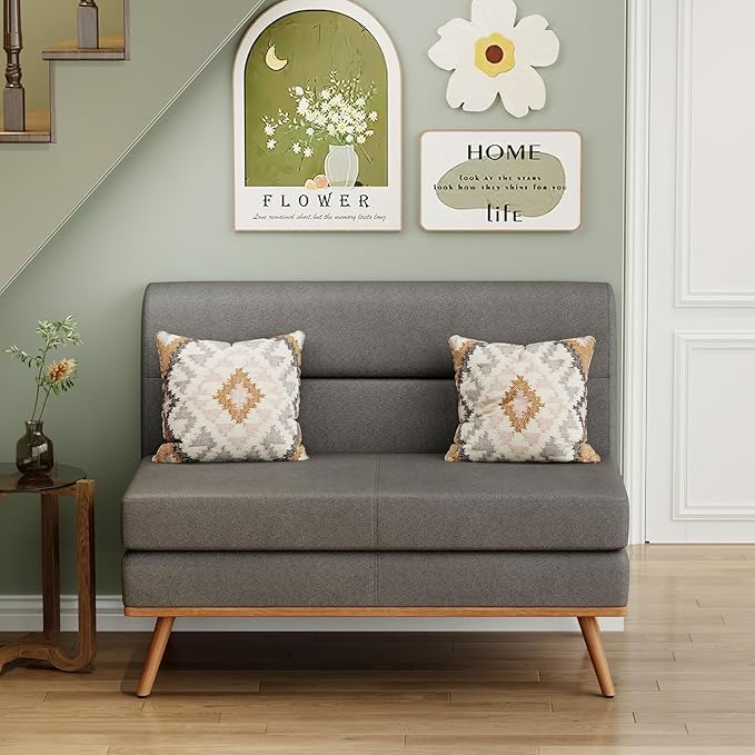 Aklaus Upholstered Small loveseatFaux Leather Modern Mini Sofa Couch Love Seat Armless Settee Bench with Back for Living Room Bedroom Office Small Space Entryway Grey