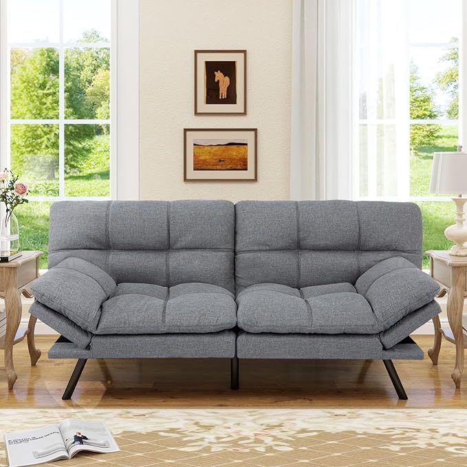 MUUEGM 71” Convertible Futon Sofa Bed Upholstered Small Futon Couches with Adjustable Backrest Loveseat Sleeper Bed for Compact Living Room Studio Office (Light Grey)