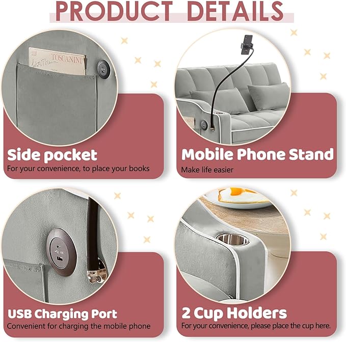 3 in 1 Convertible Sofa Bed Velvet Pull Out Couch Bed w/ Adjustable Back Love Seat Sleeper Beds w/ USB Ports &amp Cup Holders Phone Stand Full Size Futon Couch for Living Room Small Spaces (Gray)