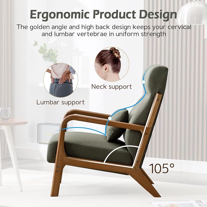 INZOY Mid Century Modern Accent Chair with High Back Upholstered Living Room Chairs with Waist Cushion Wood Frame Reading Armchair for Bedroom Sunroom Green