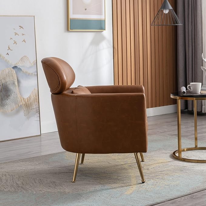 Accent Chair Upholstered Barrel Arm Chair for Living Room Bedroom Reception Room Office Modern Soft Padded Single Sofa Chair with Golden Legs &amp Lumbar Pillow PU Brown