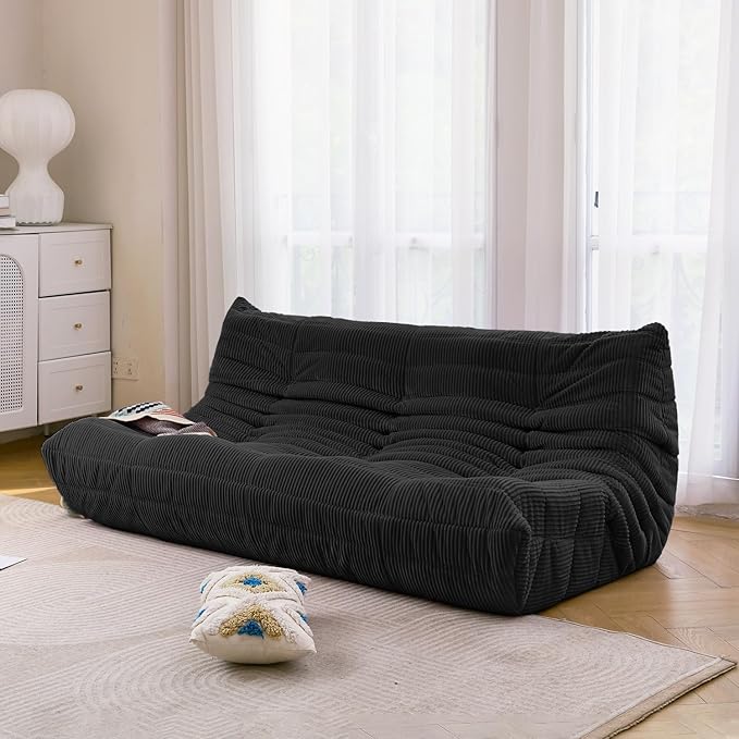 N&ampV Fireside Three Seater Sofa Mid Century Armless Twin Size Floor Lounge Chair Soft Premium Corduroy Foam Accent Chair for Living Room Bedroom (Black)