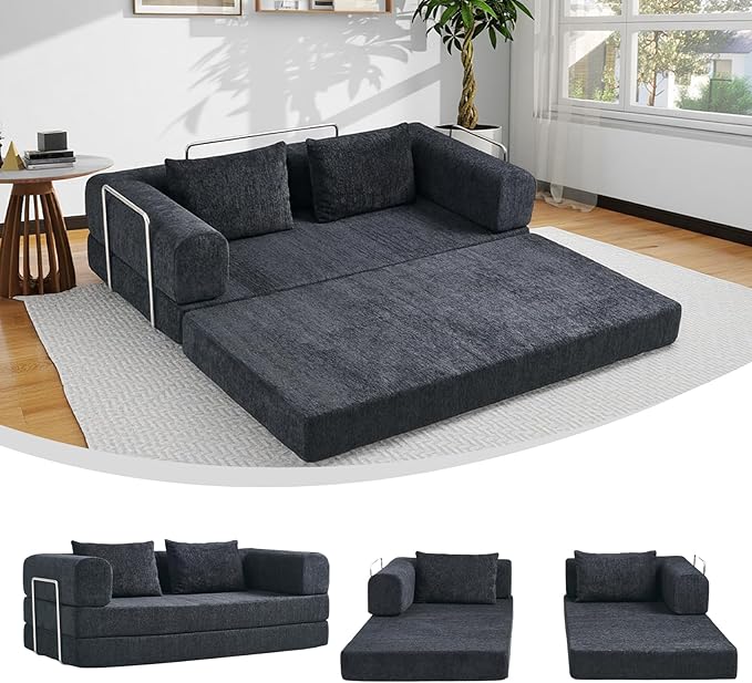 5-in-1 Convertible Folding Sofa Bed 79 Queen Chenille Boneless Couch with Removable Armrests No Assembly Loveseat Sleeper Sofa Modular Futon Couch for Living Room &amp Bedroom (Black)