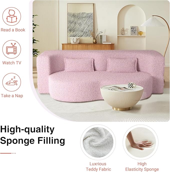 78 Convertible Folding Sofa Bed 2-in-1 Full Size Floor Boneless Couch Bed Loveseat sleeper Couch  Teddy Floor Sofa Memory Foam Sleeper SofaBed Small couches for small spaces No Assembly (Pink)