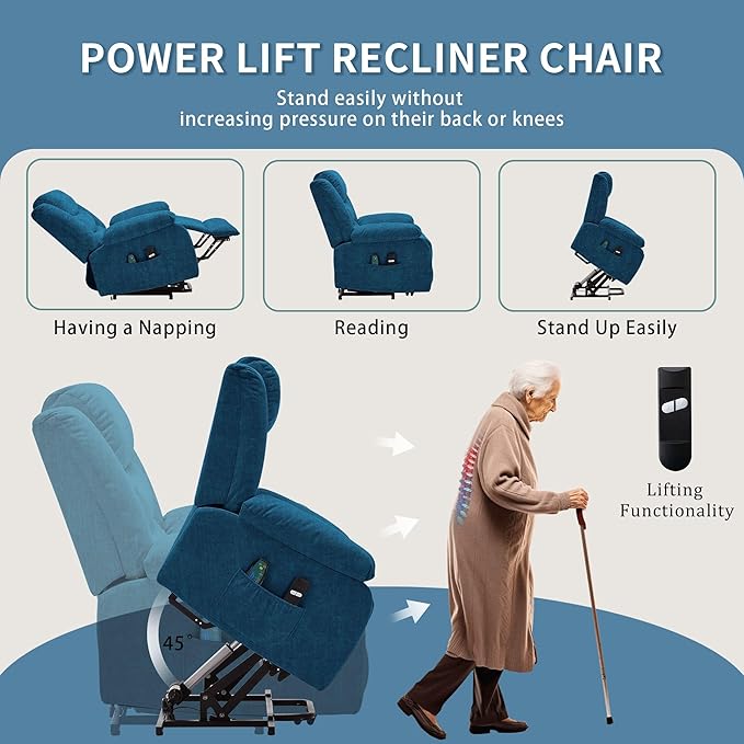 Oversized Power Lift Recliner for Elderly Extra Wide Electric Recliner Chairs with Massage and Heat Reclining Chair with Side Pockets Recliner for Living Room (Imitation Cashmere Blue)