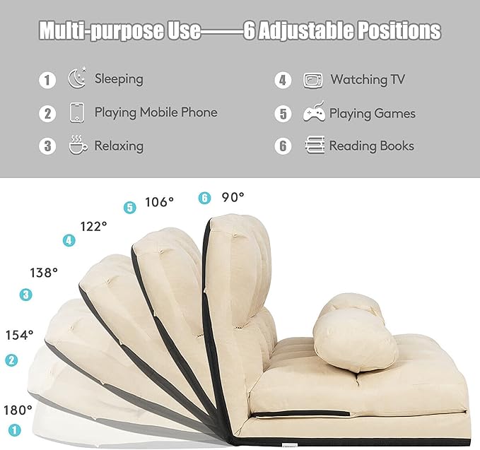 DORTALA Foldable Floor Sofa 6-Position Adjustable Lounge Couch with 2 Pillows &amp Suede Cloth Cover Modern Lounge Mattress Video Gaming Lazy Couch Suede Floor Seating Sofa 71 x 44.5 Beige